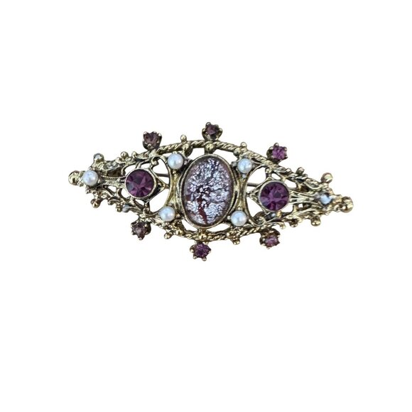 Vintage Edwardian Brooch Amethyst Rhinestones Foil Center Tube Closure Gold Tone - Picture 1 of 9